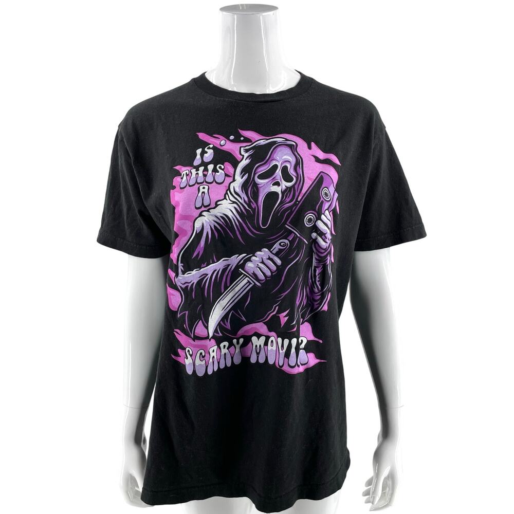 Ghost Face Is This a Scary Movie Graphic Tee Top Size Large Black Purple